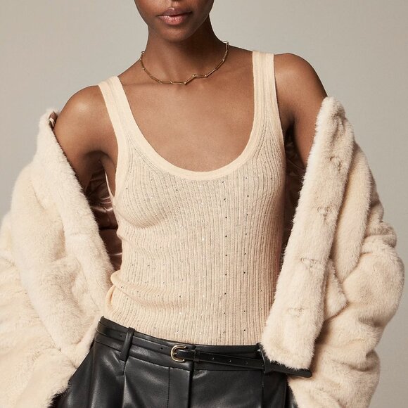J Crew Featherweight Cashmere Rhinestone Tank Nude Buttercream Holiday XXS 0 - Picture 1 of 3